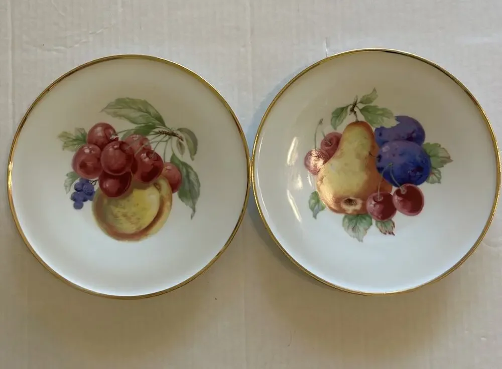 Vtg PORZELLANFABRIK ARZBERG Set Of 2 FRUIT 8” PLATES Wall Bone China Gold Rim